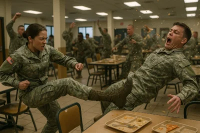 Army Mess Hall Mayhem: Rookie Female Soldier Snaps After Male Troop Reads Boyfriend’s Love Letter Containing Forbidden Slur – One Devastating Kick Sends Him Flying!