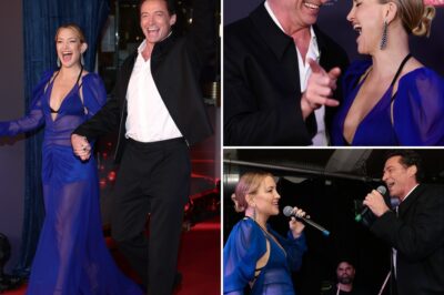 “SOMETIMES JOY SHOWS UP WHEN YOU LEAST EXPECT IT.” Kate Hudson Stunned the Room in a Plunging Blue Sheer Dress as She Joined Hugh Jackman on Stage